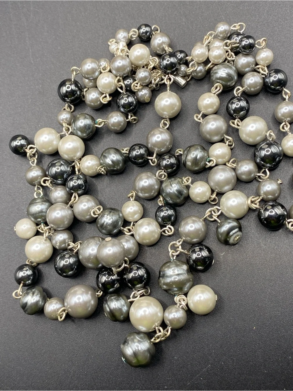 Triple Strand Pearl & Glass Beads Necklace Shades Of Gray